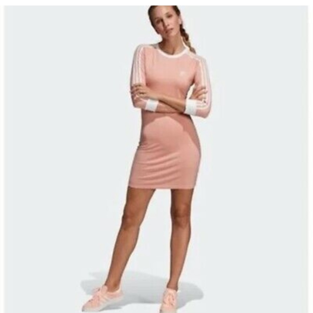 Adidas Originals 3 Stripes Dress Ribbed 3/4 Sleeve Crewneck Mini Dress in Pink S